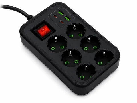 K86 Power Strip Extension Cord 2500W – 6 Schuko Outlets, 2 USB-A, 2 USB-C, ON/OFF Switch, 2m Cable, Black