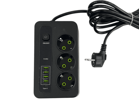 Extension Cord with 3 Sockets, 4 USB Ports, USB-C Port, 3M Cable, 2500W Surge Protection
