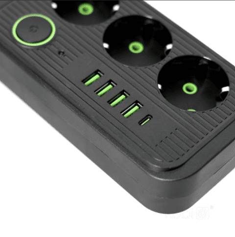 Extension Cord with 3 Sockets, 4 USB Ports, USB-C Port, 3M Cable, 2500W Surge Protection