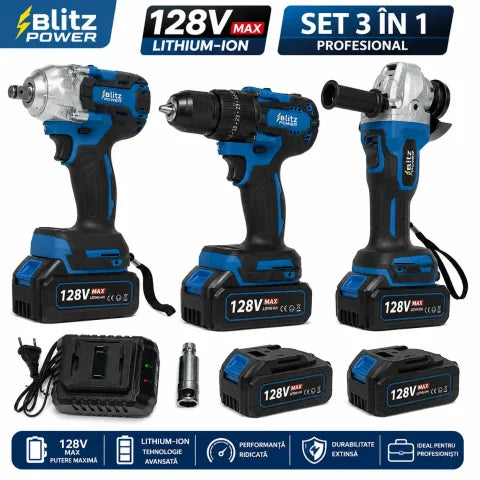 Blitz Power 3-in-1 Cordless Tool Set – Drill Driver, Impact Wrench & Angle Grinder with 2 Li-Ion Batteries