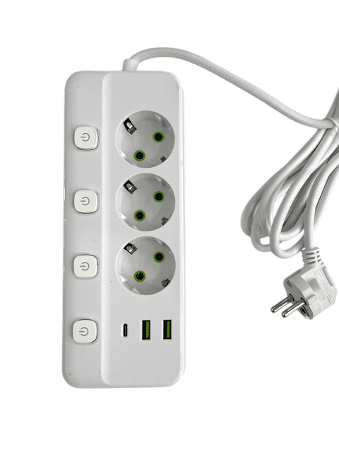 Extension Cord with 3 Sockets, 2 USB Ports, USB-C, 4 Switches, 3M Cable, 2500W Protection