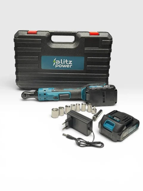 Blitz Power 48V Electric Ratchet Wrench, 2 Batteries, Socket Set, Reversible Cordless Tool