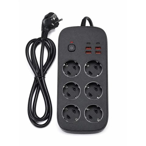 Extension Cord with 6 Schuko Sockets, 6 USB Ports, 3500W, 2m Cable, Surge Protection, Black