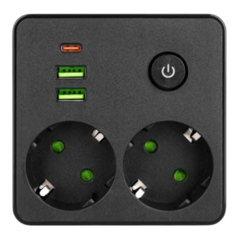 Power Strip with 2 Schuko Sockets, 3 USB Ports, Surge Protection, 2500W, Compact Black Design