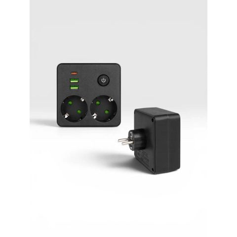 Power Strip with 2 Schuko Sockets, 3 USB Ports, Surge Protection, 2500W, Compact Black Design