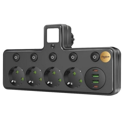 2500W Extension Cord Adapter with 4 Sockets, USB & Type-C Ports, LED Night Light, Switches
