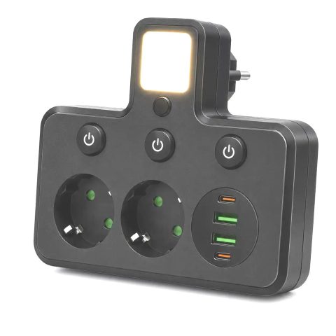 2500W Multi-Outlet Adapter with 2 Schuko Sockets, 2 USB-A, 2 USB-C PD, LED Night Light, Black