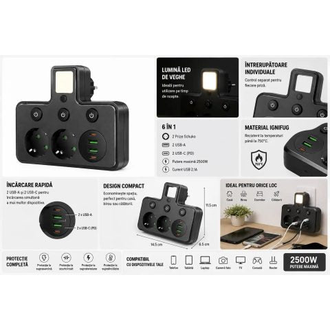 2500W Multi-Outlet Adapter with 2 Schuko Sockets, 2 USB-A, 2 USB-C PD, LED Night Light, Black