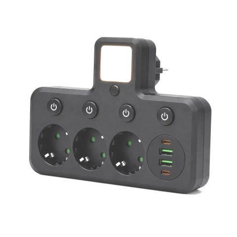 POWER-SOCKET Multi-Outlet Adapter 3 Schuko Sockets, 2 USB-A, 2 USB-C PD, LED Night Light, 2500W