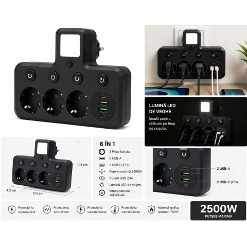 POWER-SOCKET Multi-Outlet Adapter 3 Schuko Sockets, 2 USB-A, 2 USB-C PD, LED Night Light, 2500W