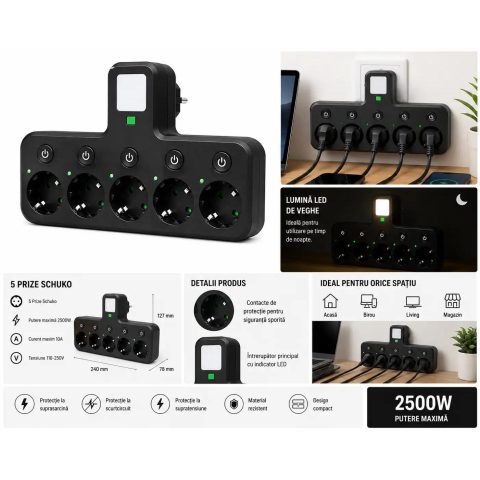 POWER SOCKET 5 Schuko Socket Multi-Outlet Adapter 2500W 10A Compact Power Extension Black