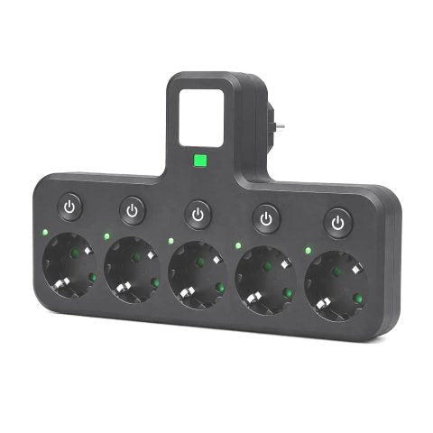 POWER SOCKET 5 Schuko Socket Multi-Outlet Adapter 2500W 10A Compact Power Extension Black