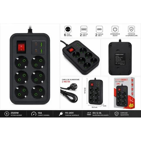 K86 Power Strip Extension Cord 2500W – 6 Schuko Outlets, 2 USB-A, 2 USB-C, ON/OFF Switch, 2m Cable, Black