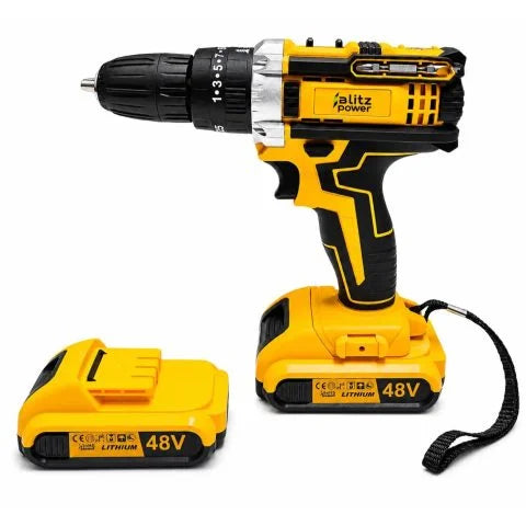 Blitz Power 48V Cordless Drill Driver Set – 2 Li-Ion Batteries, 10mm Metal Chuck, 25+1 Torque Settings, 24 Accessories
