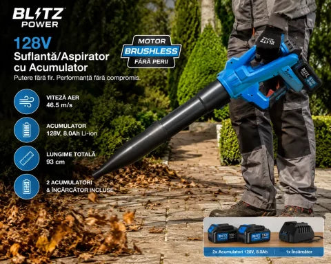 Blitz Power 128V Cordless Leaf Blower Vacuum, Brushless Motor, 8.0Ah Battery, 46.5m/s Air Speed