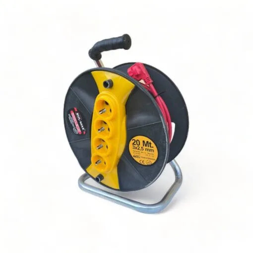 20M Extension Cord Reel with 4 Sockets, 3x2.5mm Cable, Overload Protection & Carry Handle
