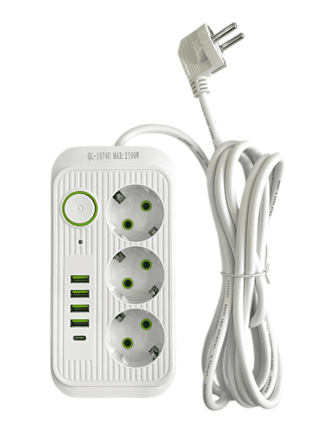 Extension Cord 3 Sockets, 4 USB Ports, Type-C Port, 3M Cable, Surge Protection, 2500W