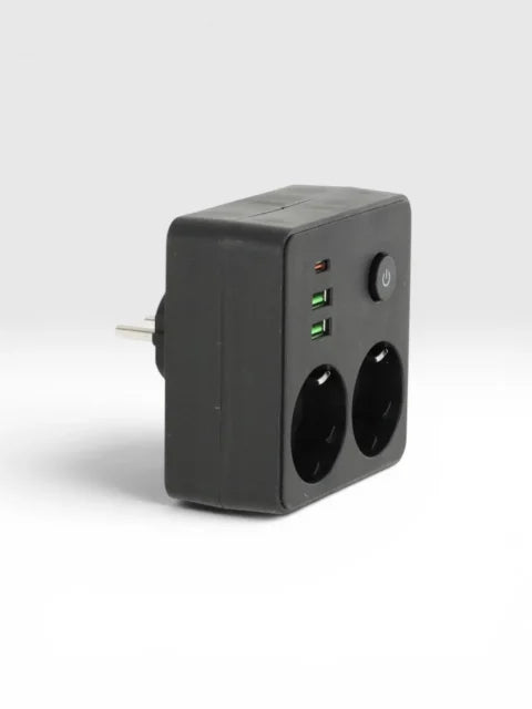 Power Strip with 2 Schuko Sockets, 3 USB Ports, Surge Protection, 2500W, Compact Black Design