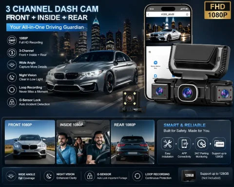 360° WiFi GPS Dash Cam – Front, Rear & Interior Car Camera with Full HD Recording and Night Vision
