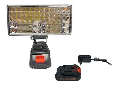 48V Rechargeable LED Floodlight with 2 Batteries, Charger & 3 Lighting Modes