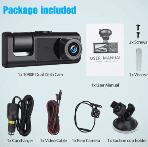 Triple Lens HD Dash Cam 1080P – Front, Rear & Interior Car Camera with Night Vision, Parking Monitor & Motion Detection