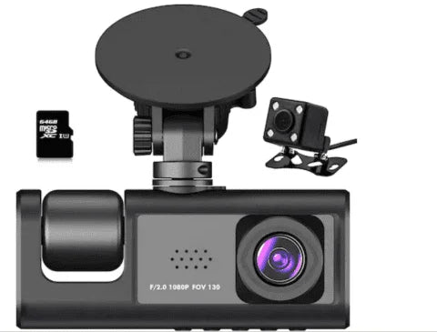 Triple Lens HD Dash Cam 1080P – Front, Rear & Interior Car Camera with Night Vision, Parking Monitor & Motion Detection