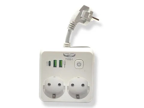 2 Socket Power Strip with 3 USB Ports (2 USB-A + 1 USB-C) – Fast Charge PD & QC3.0, Touch-Control LED Lamp, 2500W
