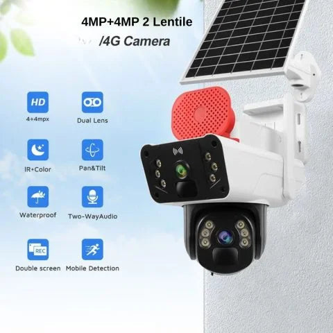 4G Solar PTZ Surveillance Camera Dual Lens 3MP+3MP – 360° Panoramic Security Camera with AI Detection & Night Vision