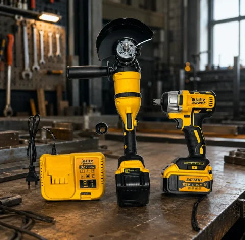 Blitz Power 2-in-1 Cordless Tool Set – 128V Angle Grinder & Impact Wrench with Battery and Fast Charger