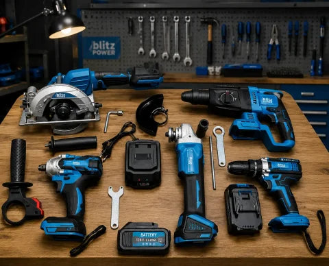 Blitz Power 5-Piece Cordless Power Tool Set – Drill, Rotary Hammer, Angle Grinder, Circular Saw & Impact Wrench with 2×128F 8.0Ah Batteries