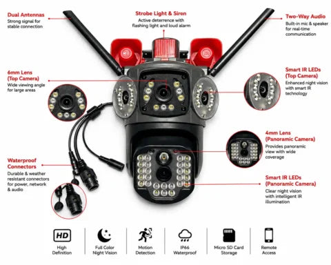 KD-16 6MP PTZ Surveillance Camera – Dual Lens WiFi Security Camera with Auto Tracking, Siren Alarm & Color Night Vision