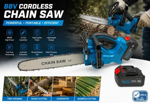 12 Inch Cordless Electric Chainsaw with Automatic Oiling, 2 Batteries & Charger – Garden & Firewood Cutting Saw