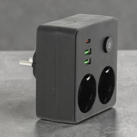 Power Strip with 2 Schuko Sockets, 3 USB Ports, Surge Protection, 2500W, Compact Black Design