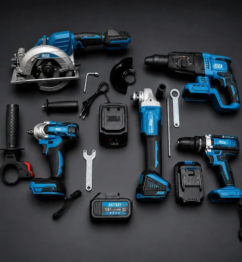 Blitz Power 5-Piece Cordless Power Tool Set – Drill, Rotary Hammer, Angle Grinder, Circular Saw & Impact Wrench with 2×128F 8.0Ah Batteries