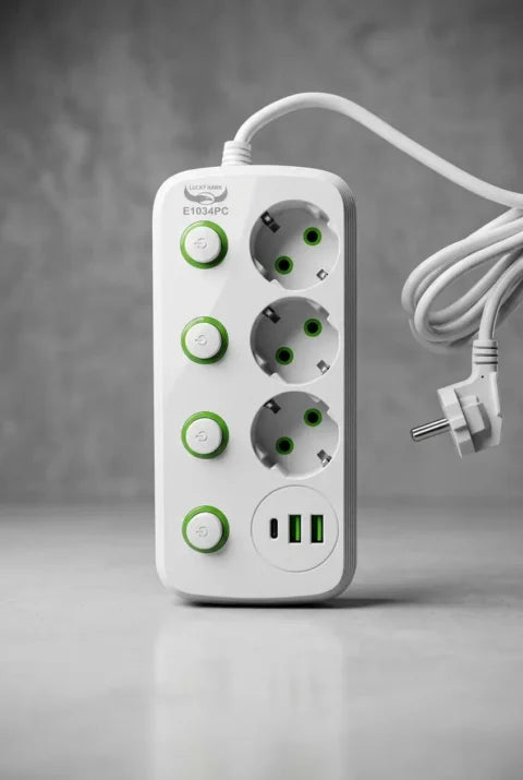 Multifunctional Extension Cord with USB-C, 3 Outlets, 2M Cable, Surge Protection & Individual Switches