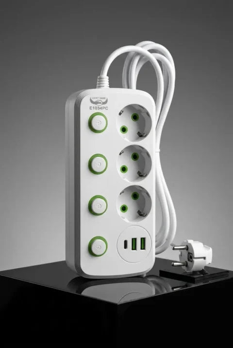 Multifunctional Extension Cord with USB-C, 3 Outlets, 2M Cable, Surge Protection & Individual Switches