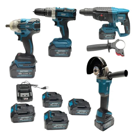 Blitz Power Professional 4-in-1 Cordless Tool Set – Drill Driver, Impact Wrench, Angle Grinder & Rotary Hammer, 128V Li-Ion, 4 Batteries