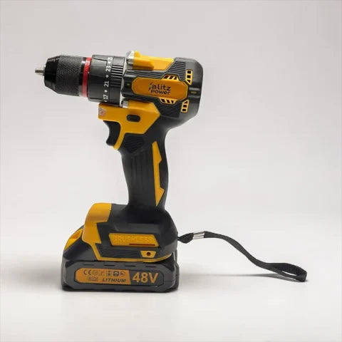 Blitz Power 48V Cordless Drill Driver Set – 2 Li-Ion Batteries, 10mm Metal Chuck, 25+1 Torque Settings, 24 Accessories