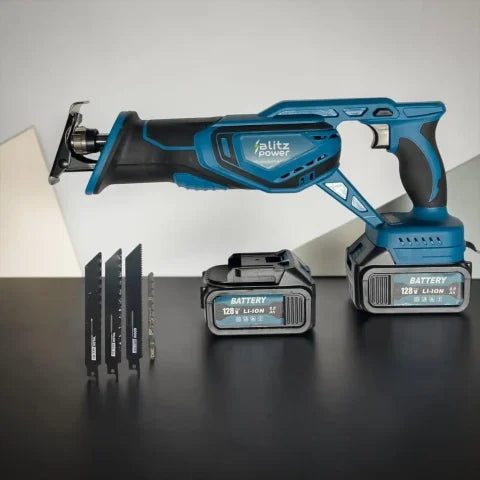 Blitz Power 128V Cordless Reciprocating Saw – 2 Li-Ion Batteries, 4 Blades Included for Wood, Metal & PVC