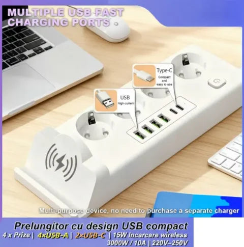3000W 11-in-1 Extension Cord with Wireless Charging, 4 AC Outlets, USB-C, Surge Protection