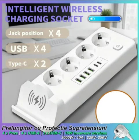 3000W 11-in-1 Extension Cord with Wireless Charging, 4 AC Outlets, USB-C, Surge Protection