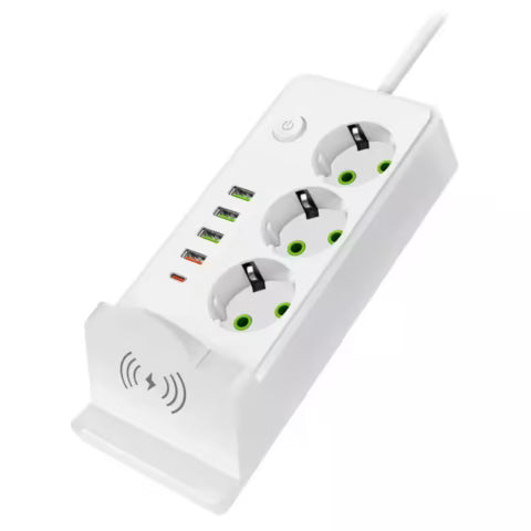 Extension Cord with Surge Protection 3000W, Wireless Charging, 3 Outlets, 4 USB & USB-C, 2M Cable