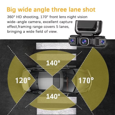 360° WiFi GPS Dash Cam – Front, Rear & Interior Car Camera with Full HD Recording and Night Vision