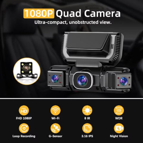 360° WiFi GPS Dash Cam – Front, Rear & Interior Car Camera with Full HD Recording and Night Vision