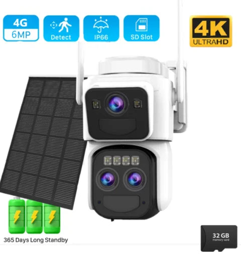 6MP 4G Solar Surveillance Camera with Dual Solar Panel – Dual Lens 4K Security Camera, 8X Zoom & Panoramic View