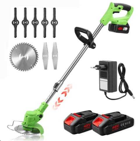 88V Cordless Brush Cutter & Electric Grass Trimmer – 2 Batteries, Complete Blade Set, Rechargeable Garden Weed Cutter