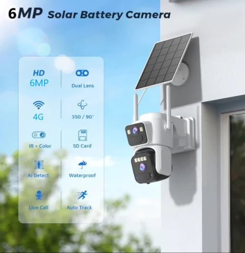 6MP 4G Solar Surveillance Camera with Dual Solar Panel – Dual Lens 4K Security Camera, 8X Zoom & Panoramic View