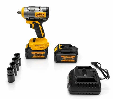 Blitz Power 128V Cordless Impact Wrench – 2 Li-Ion Batteries, High Torque, Socket Set & Fast Charger